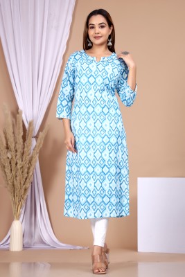 Stripes and Stitches Women Printed Straight Kurta(Light Blue, White, Blue)