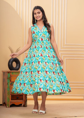 RD Fab Women Embroidered, Floral Print Anarkali Kurta(Light Blue)