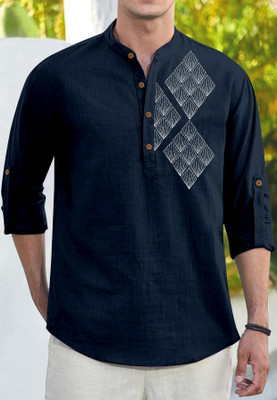clothingveda Men Printed Straight Kurta(Dark Blue)