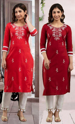 vikshi Women Chikan Embroidery Straight Kurta(Multicolor)