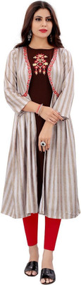 HouseOfCommon Women Embroidered Straight Kurta(Brown)