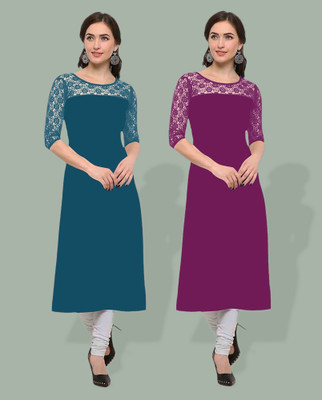 Maheshvi Women Solid, Self Design Straight Kurta(Blue)