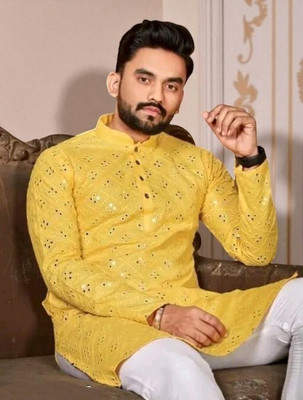 Bisswas Men Embroidered, Embellished Straight Kurta(Black)