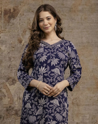 Nibhao Women Floral Print Straight Kurta(Blue)