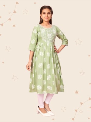 Kidotsav Girls Embroidered Straight Kurta(White, Light Green)