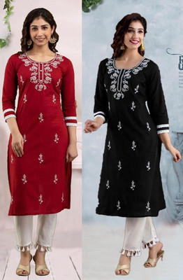 vikshi Women Embroidered Straight Kurta(Red, Black)