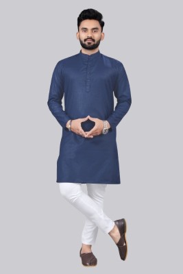 USONA Men Solid Straight Kurta(Blue)