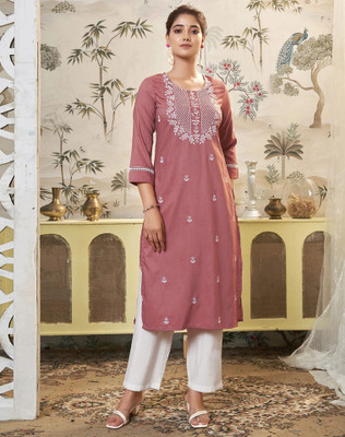 Anmi Embroidered Women Straight Kurta(Pink)