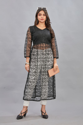 Manthan Creation Women Chikan Embroidery A-line Kurta(Black)