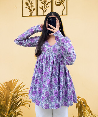 RAHABFAB Women Printed Flared Kurta(Purple)