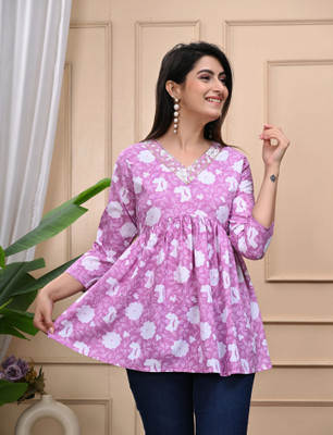 Gundia Fashion Women Floral Print Flared Kurta(Pink, Multicolor)