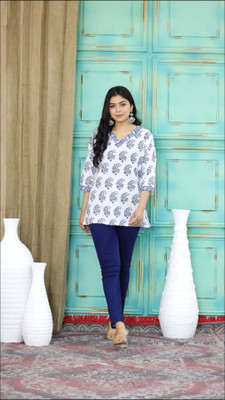 AAITHAN Women Printed Straight Kurta(White, Blue)