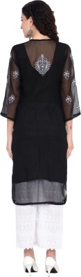 DINESHSHOP Women Chikan Embroidery Straight Kurta(Black, White)