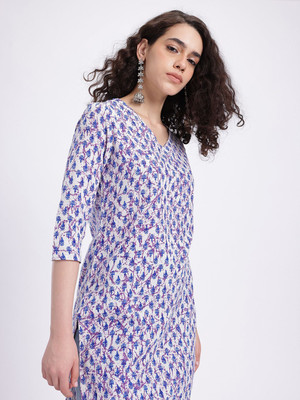 Anouk Rustic Women Printed Straight Kurta(White, Blue)