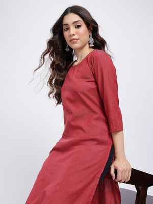 Anouk Rustic Women Solid Straight Kurta(Red)
