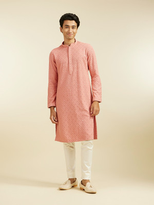 DIWAS by Manyavar Men Embroidered Straight Kurta(Red)