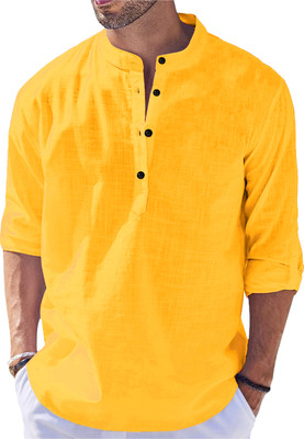 LIRMO Men Self Design Straight Kurta(Yellow)