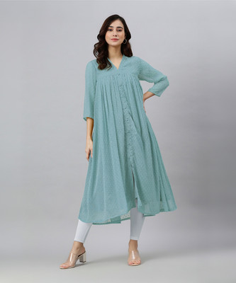 Janasya Women Woven Design Frontslit Kurta(Blue)