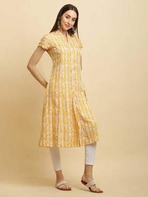 PSMAAG Women Block Print A-line Kurta(Yellow)