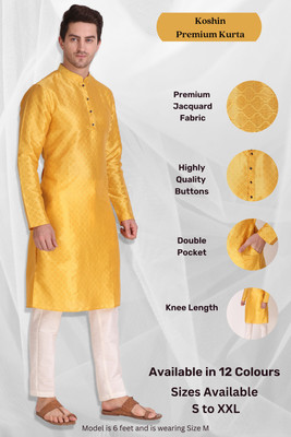 Koshin Men Block Print Straight Kurta(Yellow)
