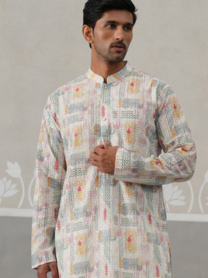 Jompers Men Printed Straight Kurta(White)