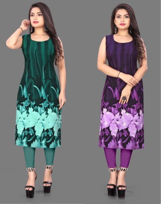 tanvi creation Women Printed Straight Kurta(Green, Purple)