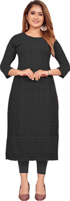 KAYRAAH Women Chikan Embroidery Straight Kurta(Black)