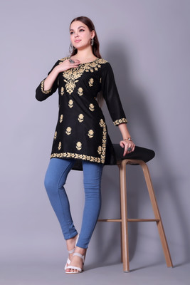 shivshakti faishon Women Chikan Embroidery A-line Kurta(Black)