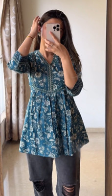 New RJP Craft Women Printed A-line Kurta(Blue)