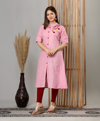 Dizon Women Embroidered A-line Kurta(Pink)
