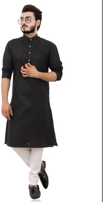 FREYA CREATION Men Solid Straight Kurta(Black)