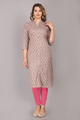 Mehsoos Women Floral Print Straight Kurta(Grey, Pink)