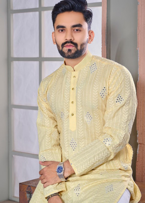 FOXDX Men Chikan Embroidery A-line Kurta(Yellow)