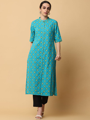 all about you Women Floral Print A-line Kurta(Blue)