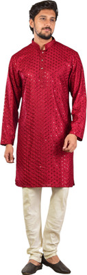 zuleka Men Chikan Embroidery, Embellished Straight Kurta(Red)