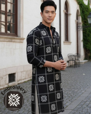 RIGO Men Embroidered Straight Kurta(Black)