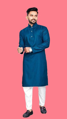 HouseOfCommon Men Solid A-line Kurta(Blue)