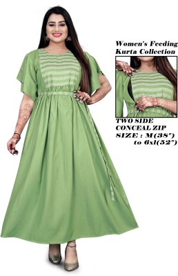 genius fashion Women Striped Flared Kurta(Light Green)