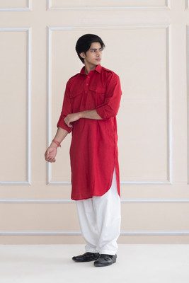 SHROBH Men Solid Pathani Kurta(Red)