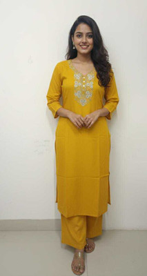 Vpm eco group Women Embroidered Straight Kurta(Yellow)