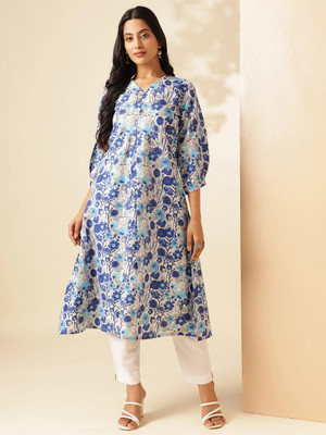 VBUYZ Women Printed A-line Kurta(Blue)