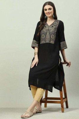 BIBA Women Printed Straight Kurta(Black)