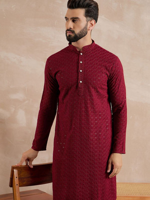 ANOUK Men Geometric Print Straight Kurta(Red)