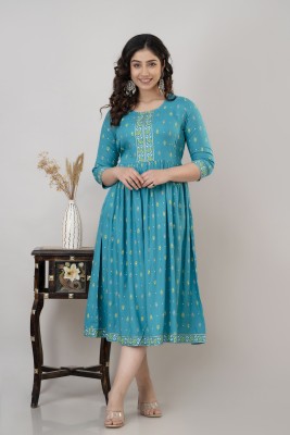 Vnyashri Women Printed Anarkali Kurta(Light Blue, Light Green, White)