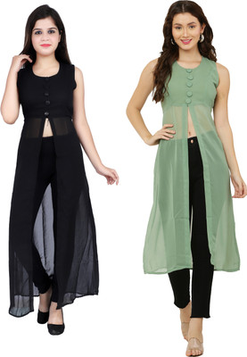 VESICLE Women Solid Frontslit Kurta(Black, Light Green)