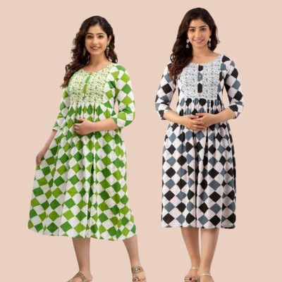 TRY ME Women Block Print Flared Kurta(Grey, Green)
