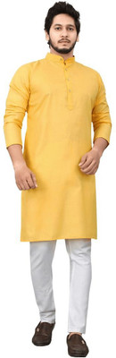 OmakarENT Men Printed Straight Kurta(Yellow)