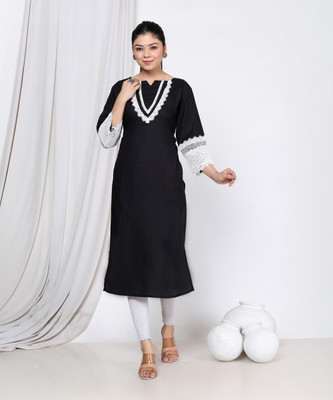 VEDRAJ Women Embroidered Straight Kurta(Black)