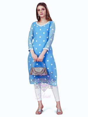 HESVI Women Embroidered A-line Kurta(Light Blue)