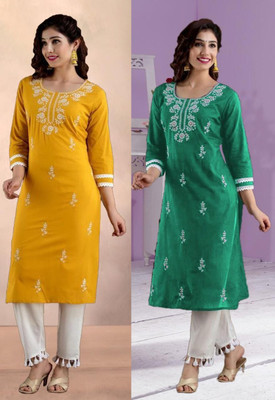 SISTO Women Chikan Embroidery A-line Kurta(Yellow, Green)